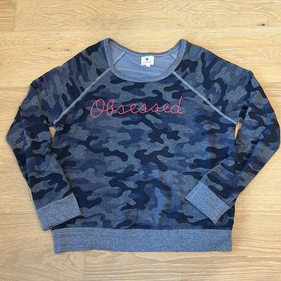 Sundry Obsessed Pullover Crewneck Sweatshirt Blue Camo Embroidered Sweater Top - Picture 4 of 12